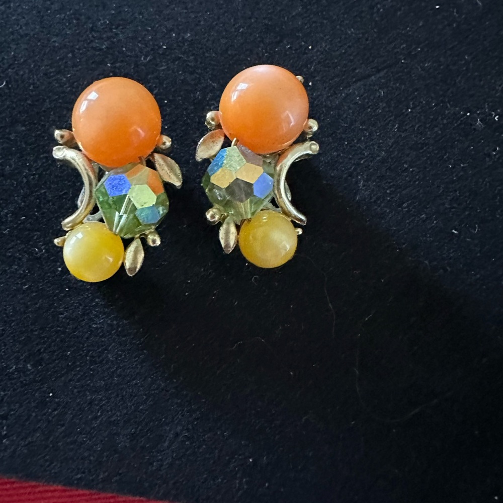 Elegant Antique Orange and Yellow Gemstone clip on Earrings